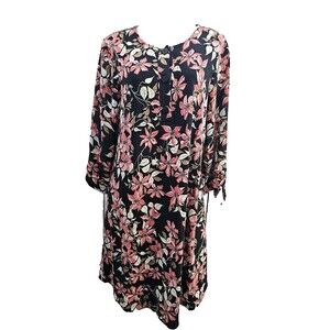 J.JILL Wearever Red Floral 3/4 Sleeve Midi Jersey Shift Shirt Dress Women's EUC